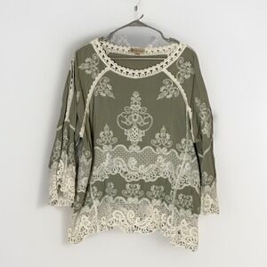 Democracy‎ Women 2X Blouse Olive Green Embroidered Top Lightweight